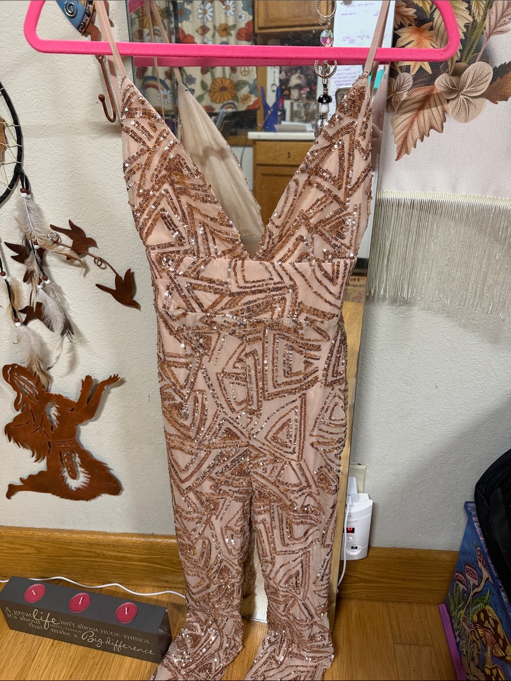 Fashion Nova Rose Gold Sequin V-Neck Jumpsuit